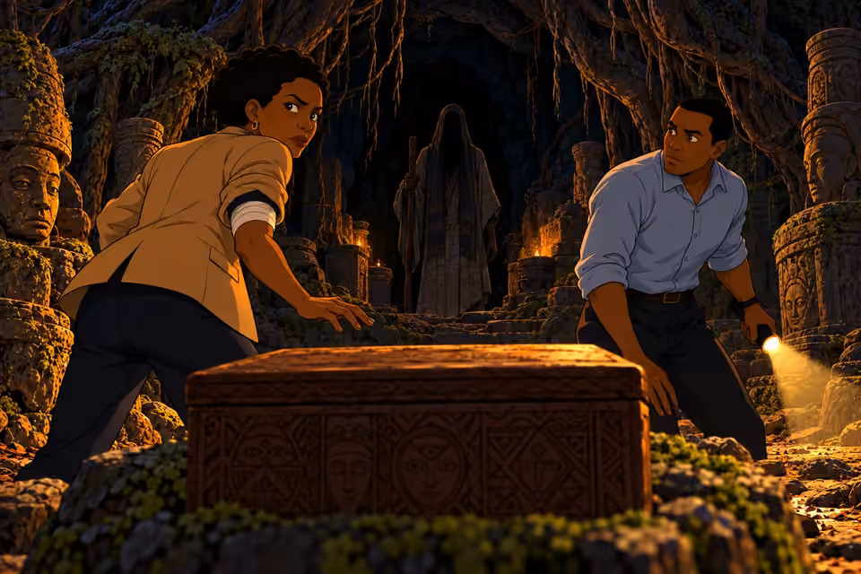 Adegoke and Bode pause before the box as a hidden figure blocks their way.