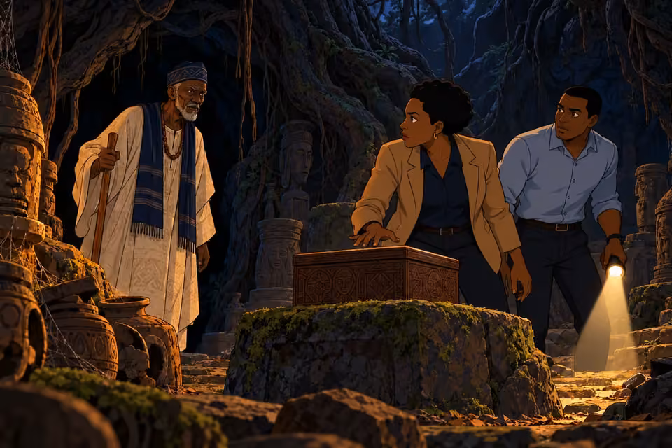 Baba Ayodele confronts Adegoke and Bode beside the wooden box in the cavern.