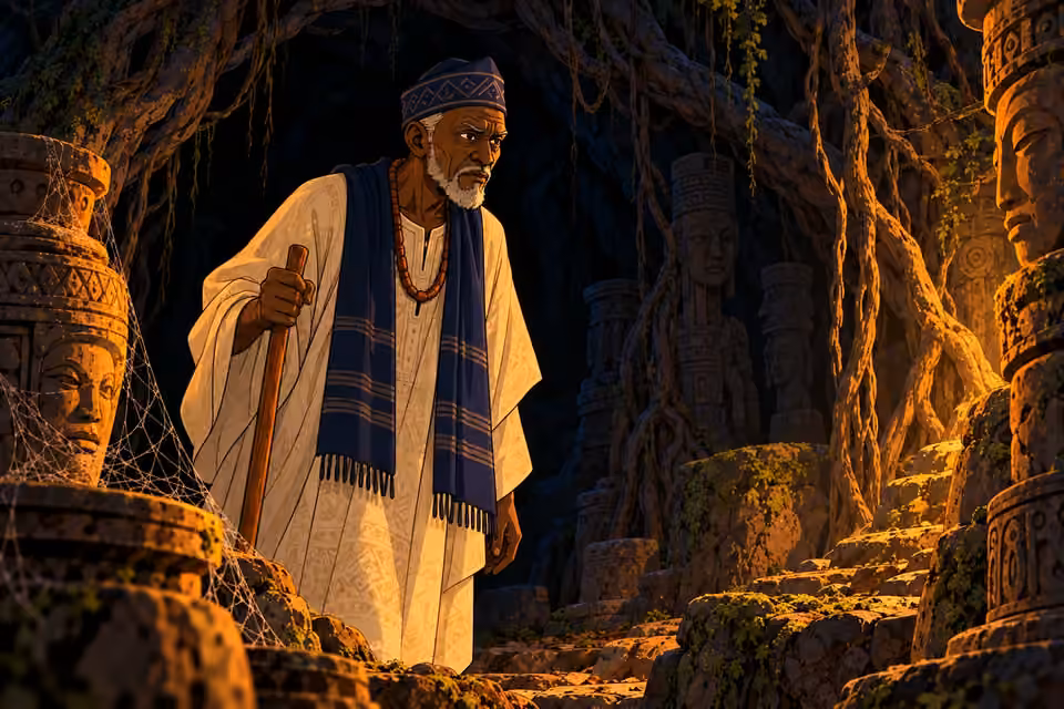Baba Ayodele steps from the darkness into the torchlight.