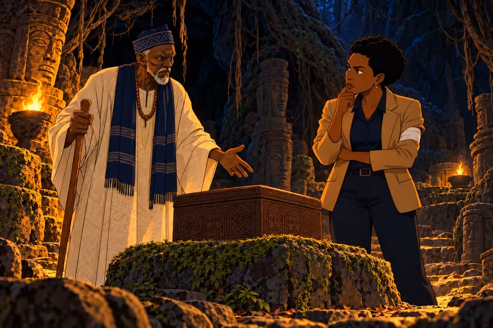 Ayodele gestures toward the box as he explains the clan's ancient pact.