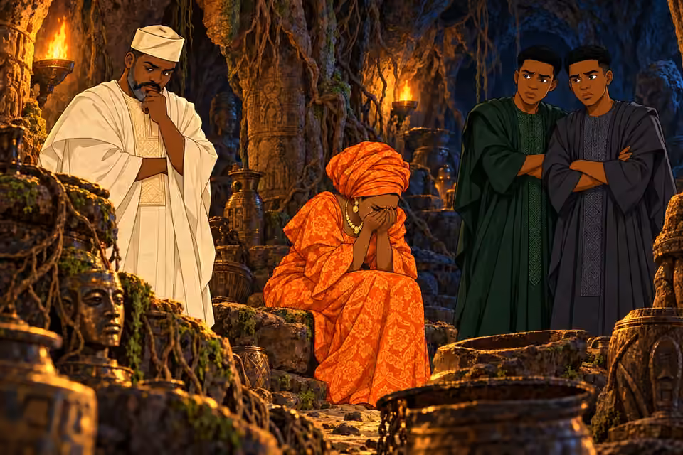 Ayo studies the cavern as Moji breaks down and the twins remain guarded.