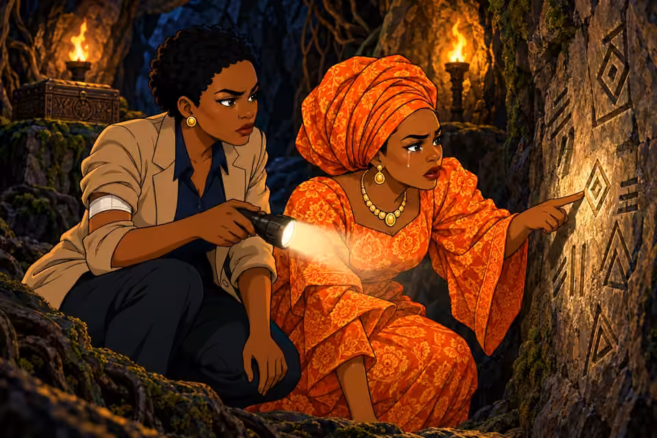 Moji and Adegoke examine coded marks in the cavern together.