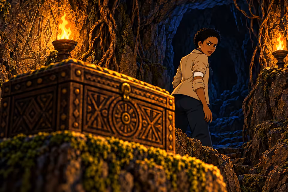 The sealed box remains in the cavern as Adegoke pauses uneasily.