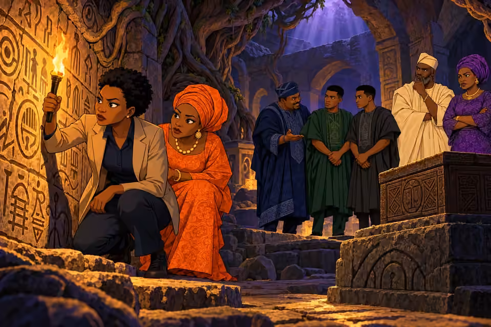 Adegoke and Moji study cavern symbols while Deji persuades the twins.