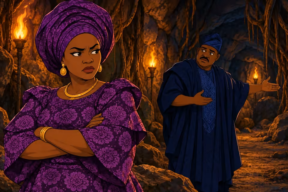 Yinka watches Deji with guarded suspicion in the cavern.