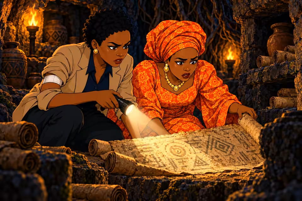 Adegoke and Moji discover ancient scrolls in a hidden chamber.