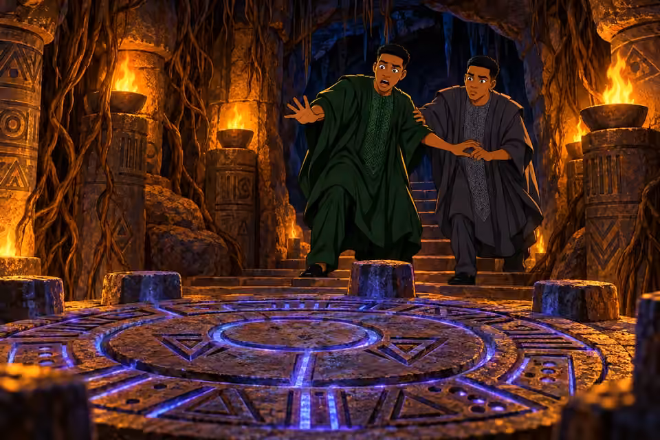 The twins stumble into a ritual chamber pulsing with strange energy.