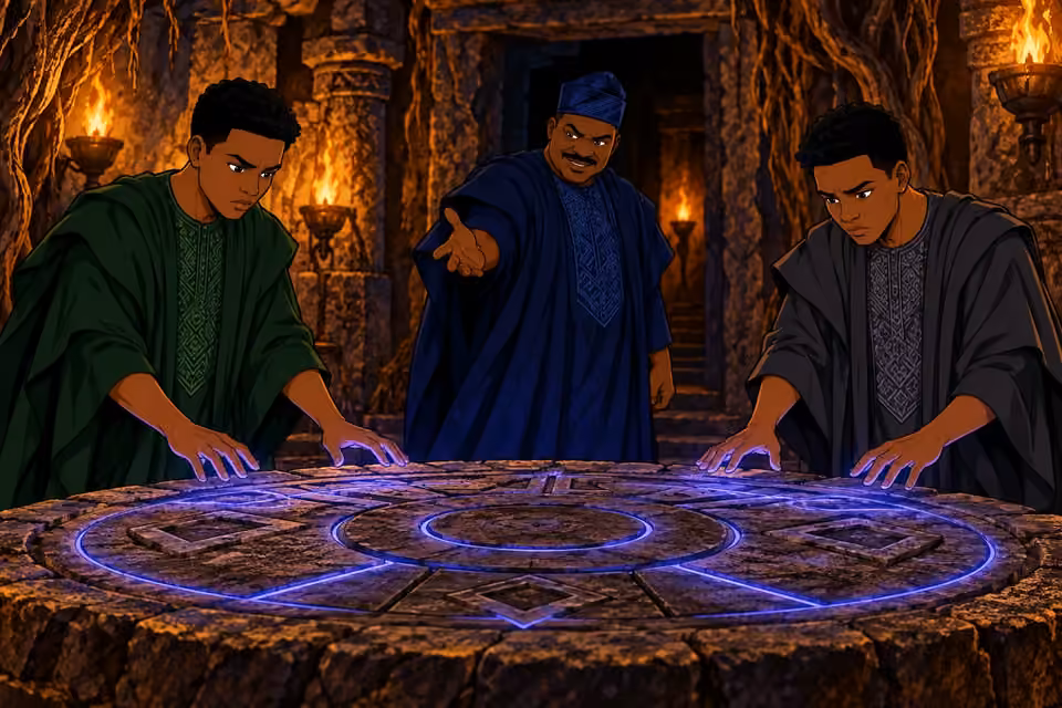 The twins begin the ritual as Deji emerges and urges them onward.