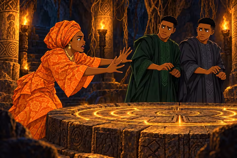 Moji tearfully begs the twins to stop the dangerous ritual.