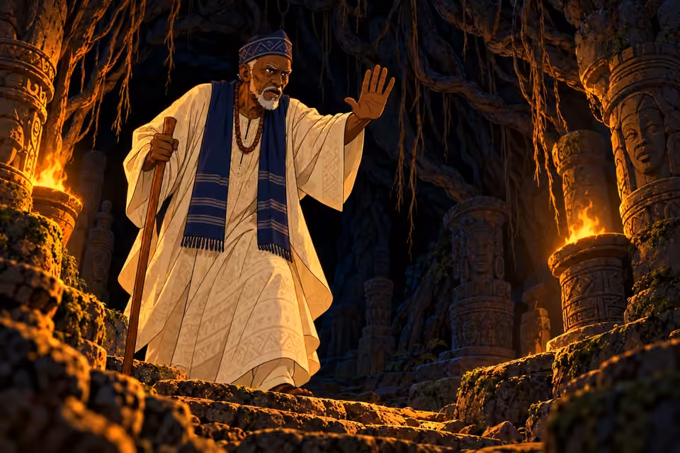 Baba Ayodele emerges from the darkness and commands the ritual to stop.