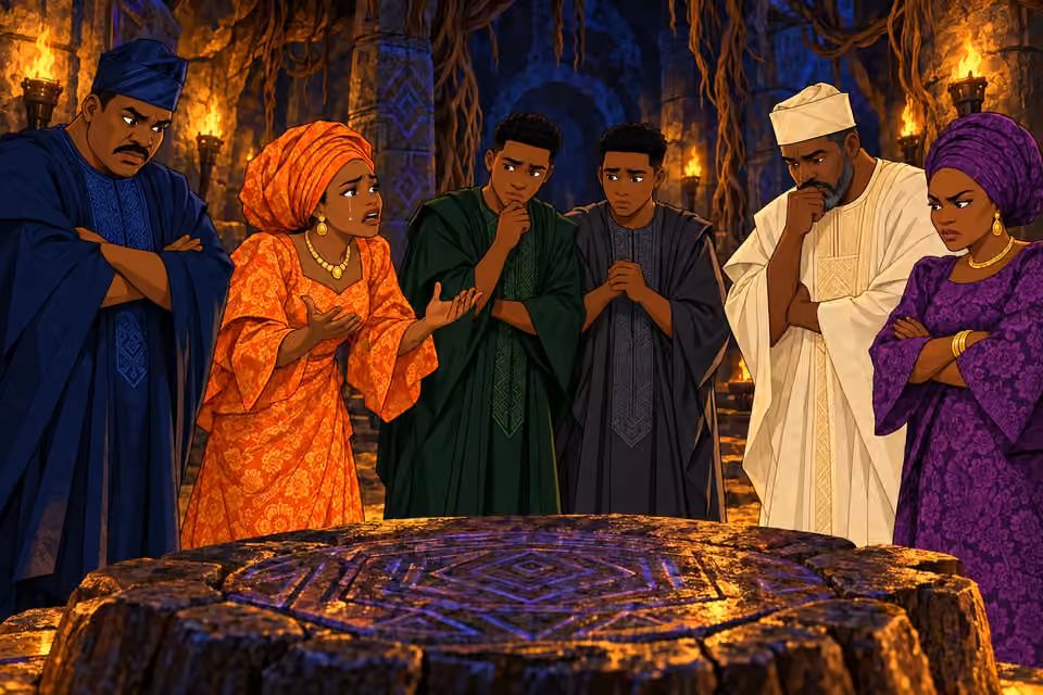 The six siblings freeze around the ritual dais, divided by fear and ambition.