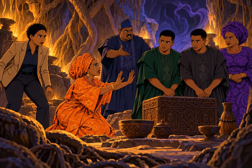 Moji pleads with the twins while Deji urges them toward a ritual.