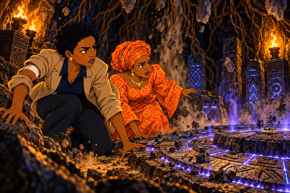 Adegoke and Moji brace themselves as a tremor shakes the ritual chamber.