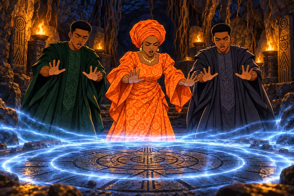 The twins join Moji’s chant, strengthening the effort to contain Egun.