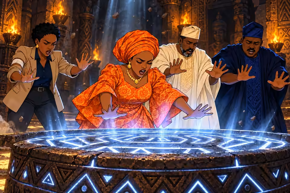 Adegoke, Ayo and Deji join Moji’s chant as shadows twist through the cavern.