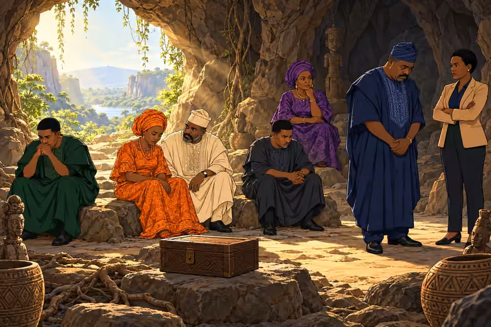 The family recovers in the cavern's morning light as Deji approaches Adegoke.