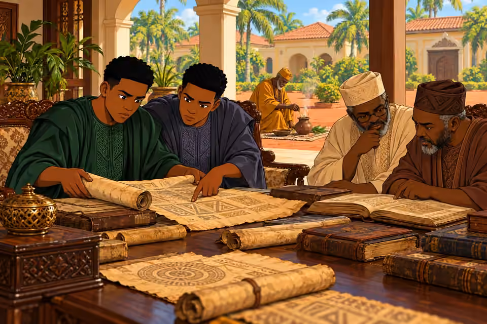 The twins and visiting scholars study old records as an advisor works in the compound.