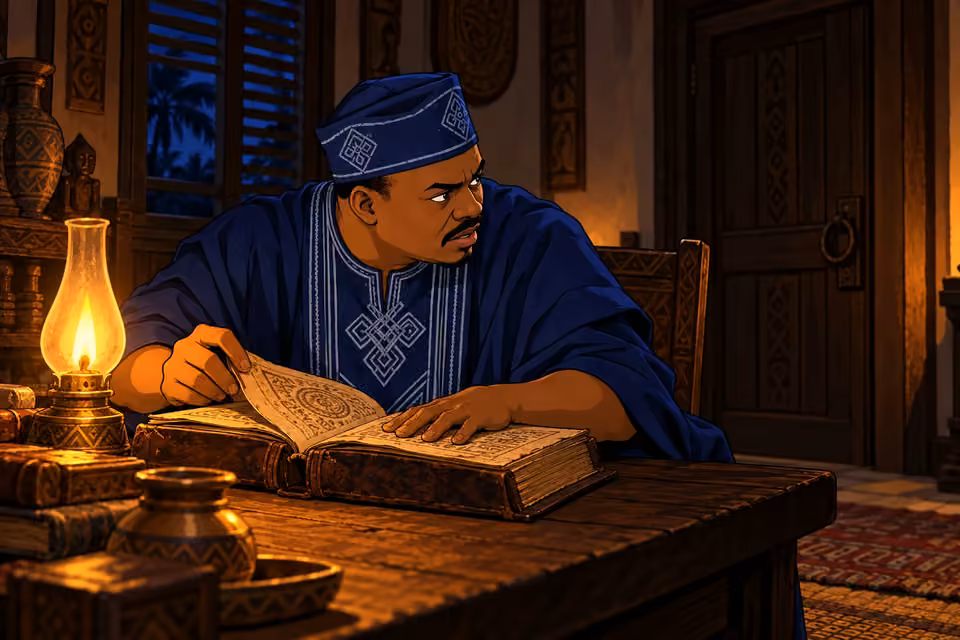 Deji secretly studies a forbidden text by lamplight.