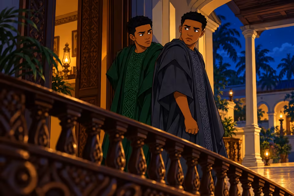 The twins exchange a guarded glance in the shadows of the veranda.