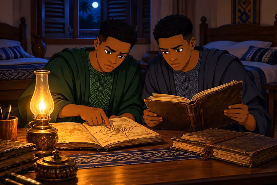 The twins quietly decipher symbols in their father’s journals by lamplight.