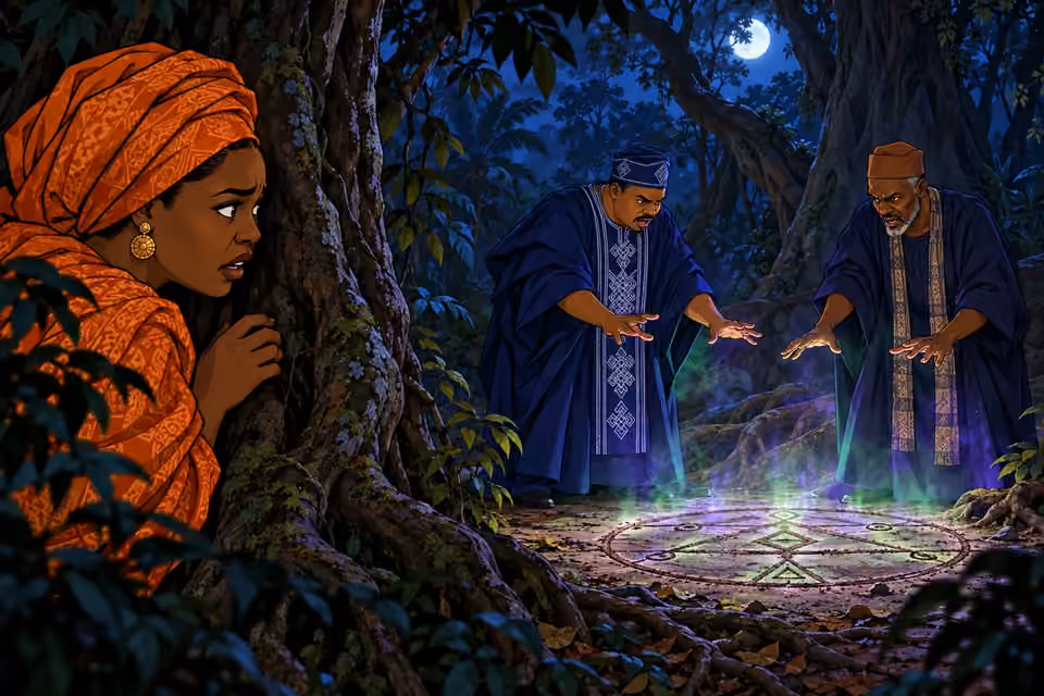 Moji discovers Deji and the rogue advisor chanting over glowing marks in the forbidden grove.