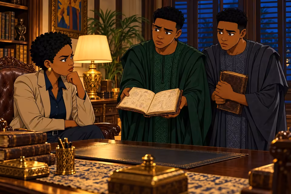 The twins reveal their father’s journals to Adegoke.