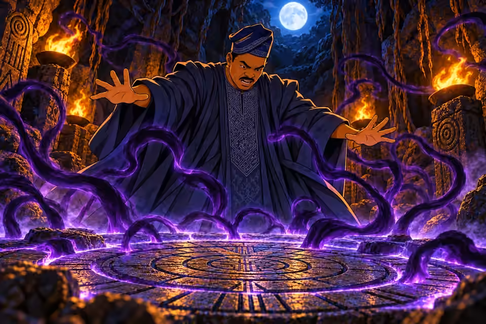 Deji unleashes tendrils of darkness in the ritual chamber.