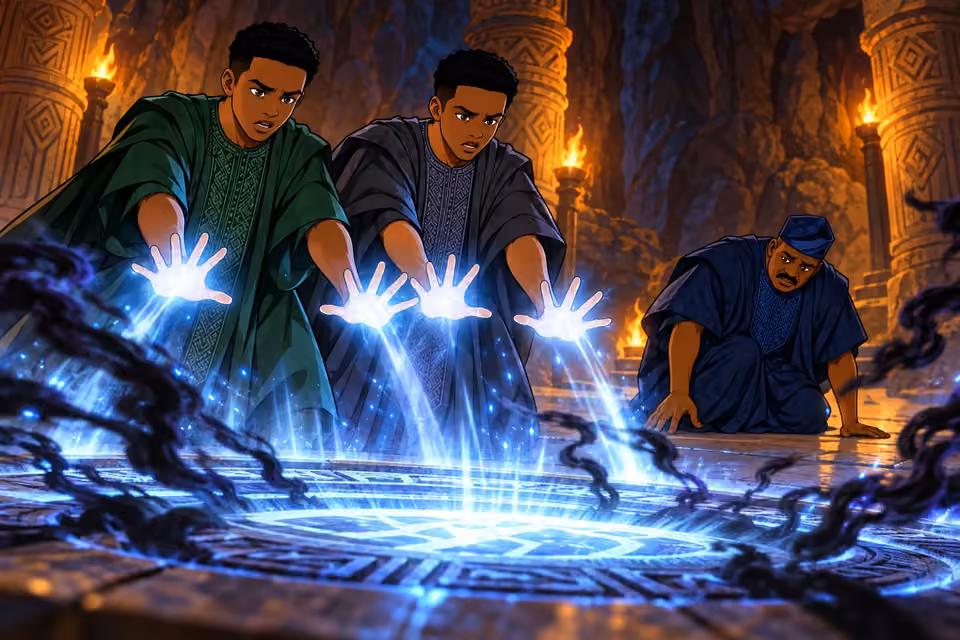 The twins strengthen the counter-ritual and Deji collapses as his pact breaks.