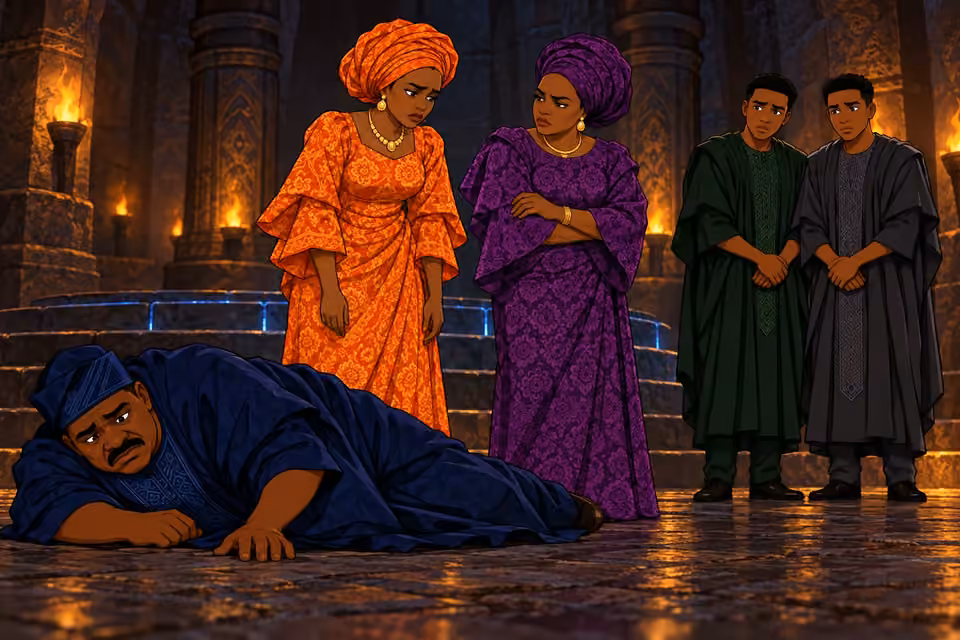 Deji lies defeated while the women exchange weary glances and the twins stand uncertain.