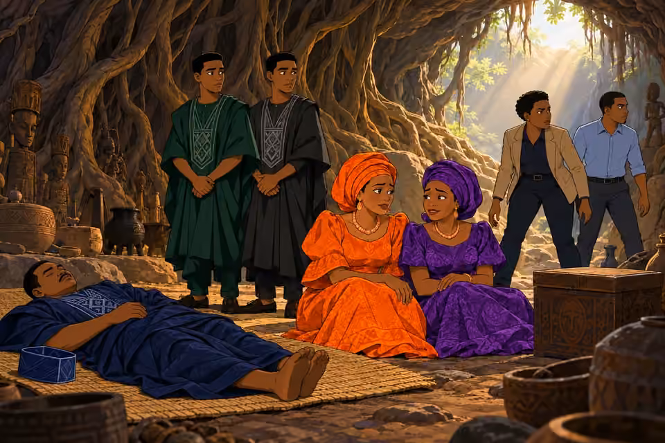 The family gathers around unconscious Deji as Adegoke and Bode watch the quiet cavern.