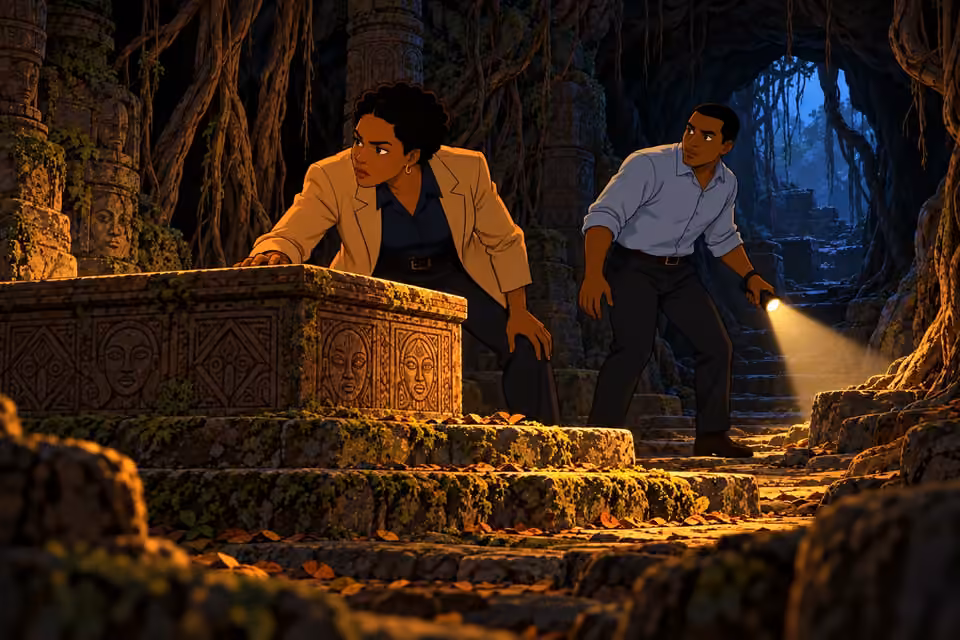 Adegoke and Bode search the cavern for lingering danger.