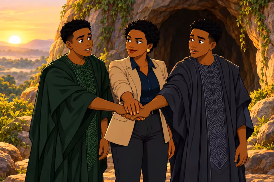 Adegoke places her hand over the twins’ outstretched hands in a pledge of cooperation.