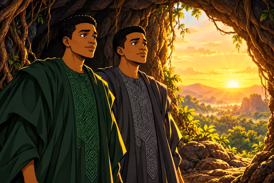 Sunrise catches the twins’ hopeful faces at the cavern entrance.