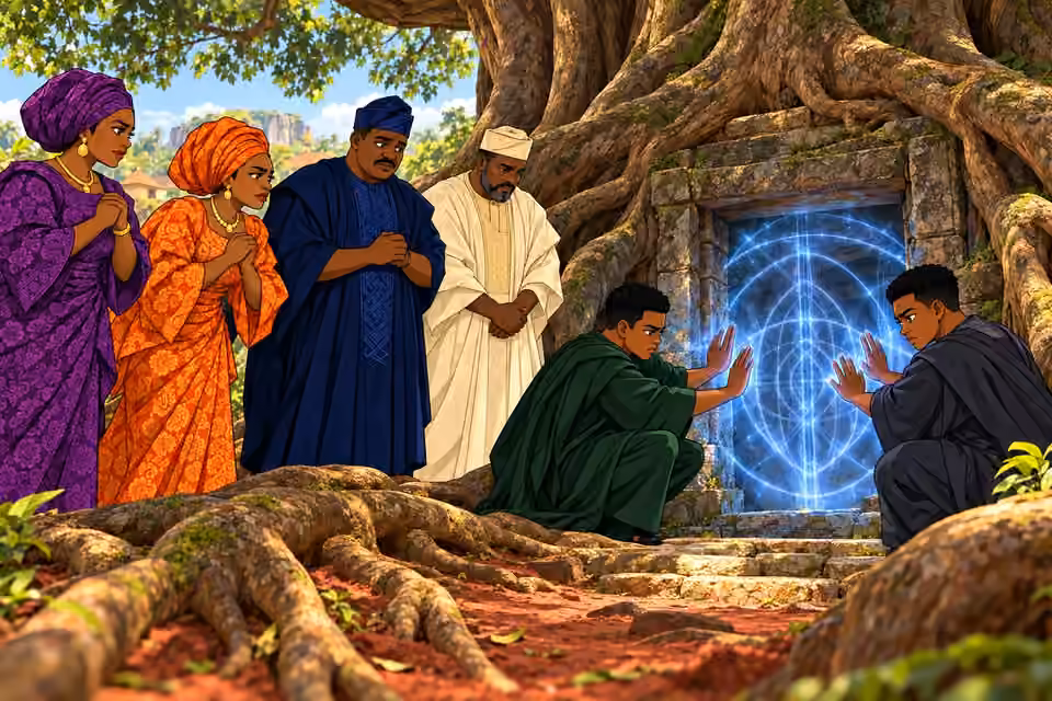 The six siblings gather beneath the Iroko as the twins strengthen the chamber’s barrier.