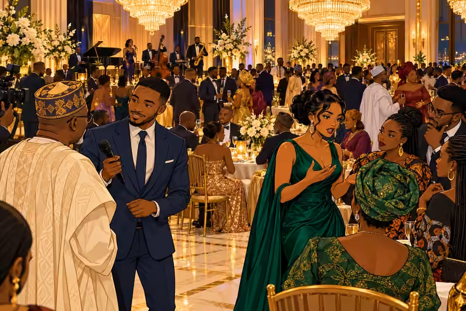 Fashionable guests mingle beneath chandeliers at a Lagos charity gala.