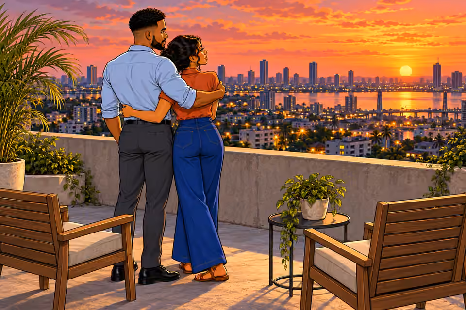 They embrace above the city as their shared journey begins.