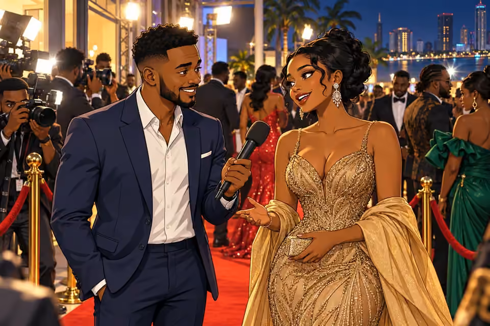 Na'ibi interviews a film star at a glamorous Lagos premiere.