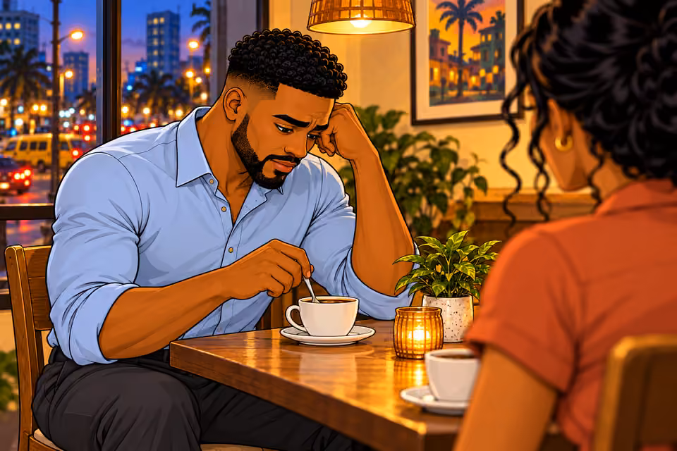 Na’ibi hesitates as he stirs his coffee.