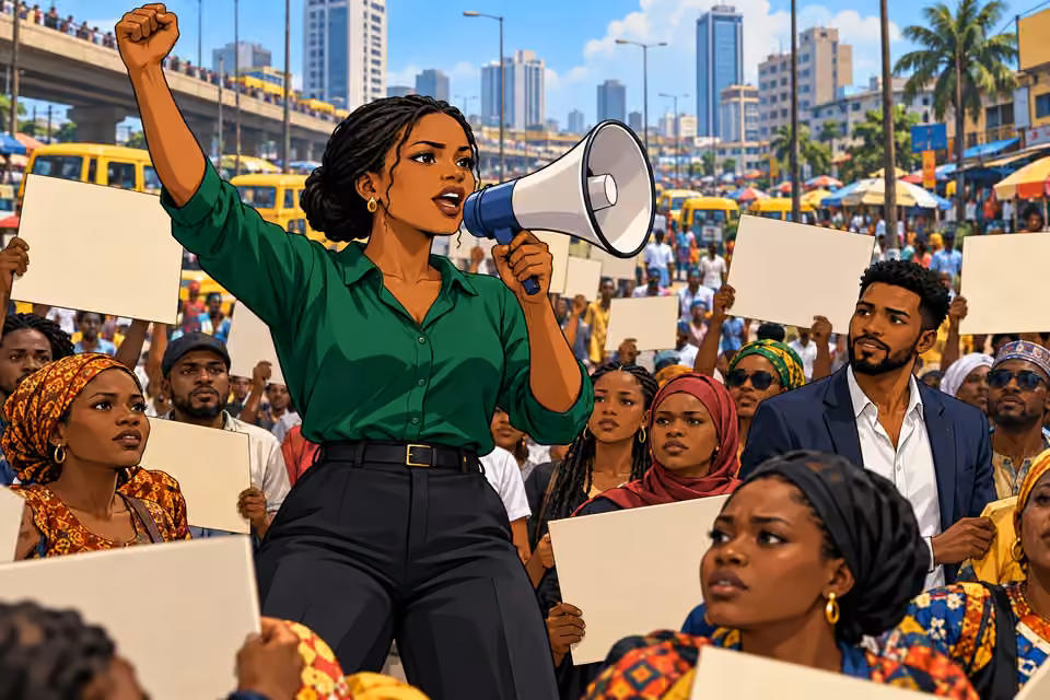 Amara leads a peaceful protest with a megaphone under the midday sun.