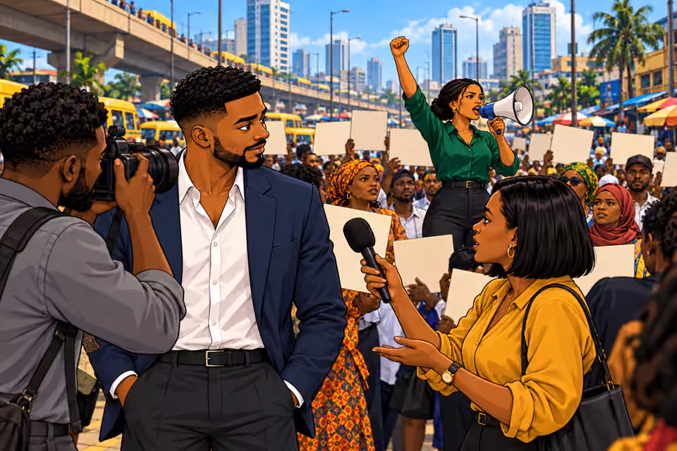 Reporters recognize Na’ibi while he watches Amara lead the protest.