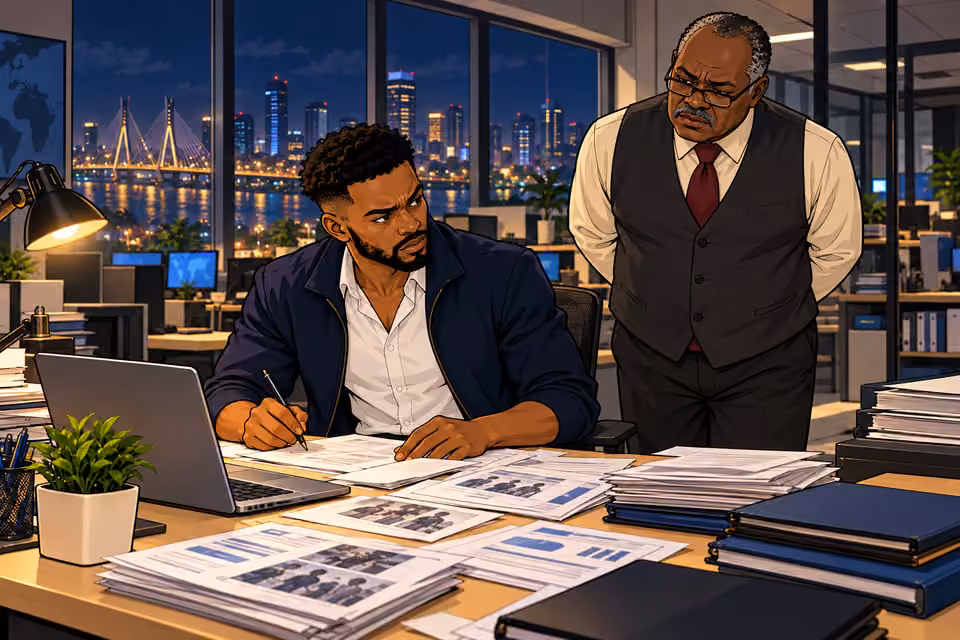 Balogun approaches Naibi’s cluttered desk late at night.