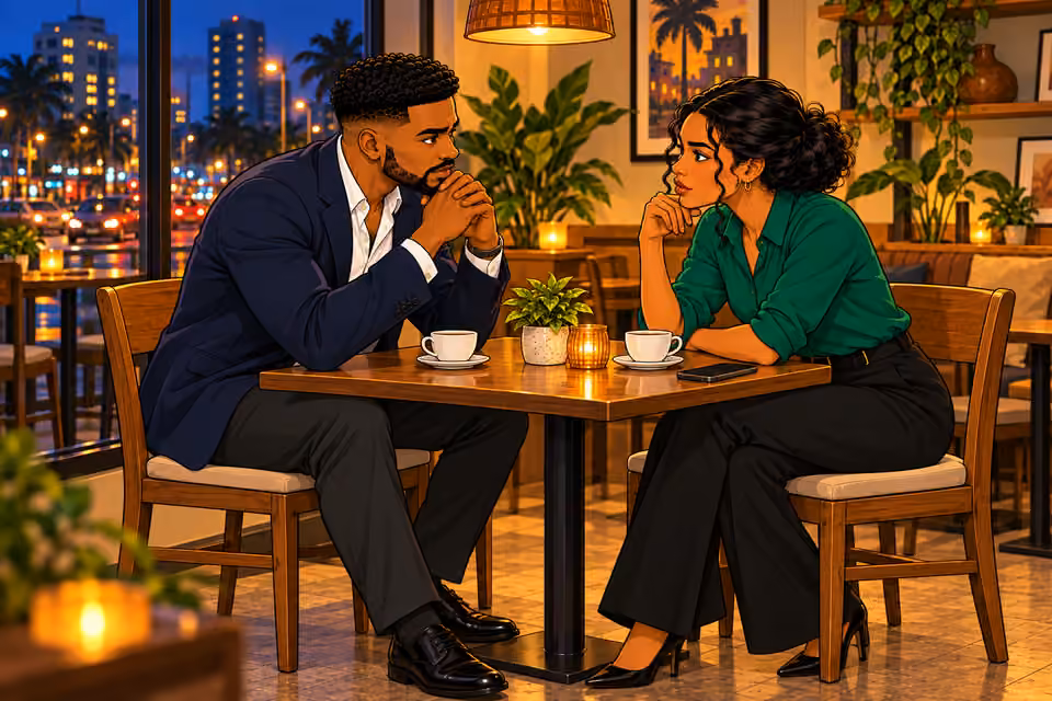 That evening, Naibi and Amara meet at a quiet cafe.