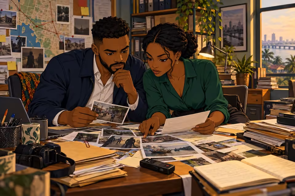 Amara and Na'ibi examine documents, photographs and recordings together.