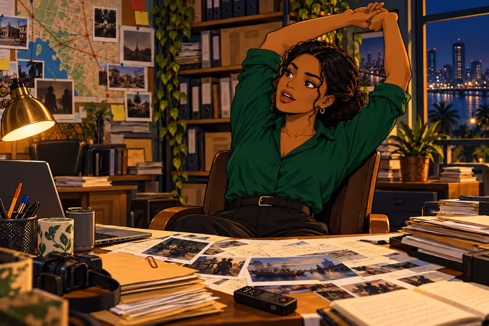 Amara stretches after hours of reviewing the evidence.