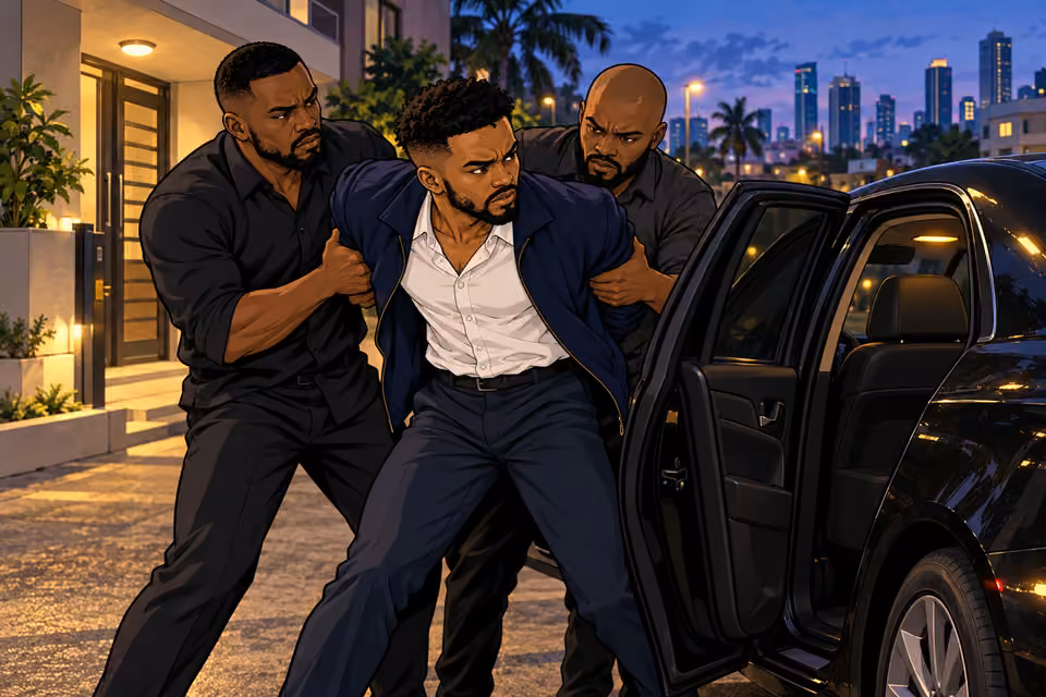 Plainclothes men force Naibi into an unmarked car.