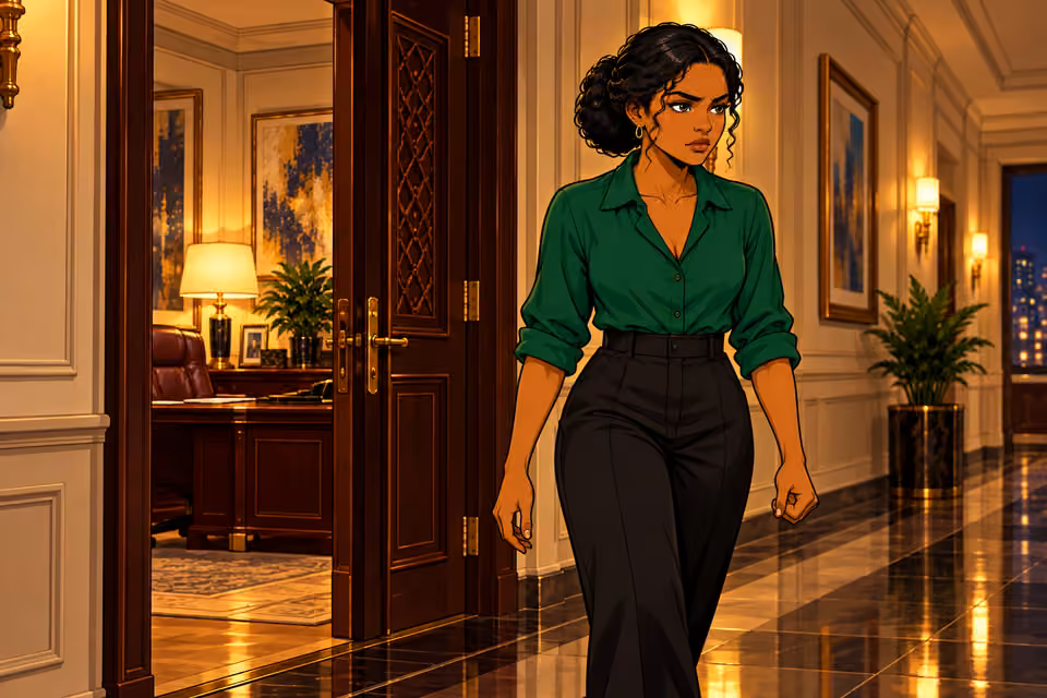 Amara leaves her father’s office determined to continue.