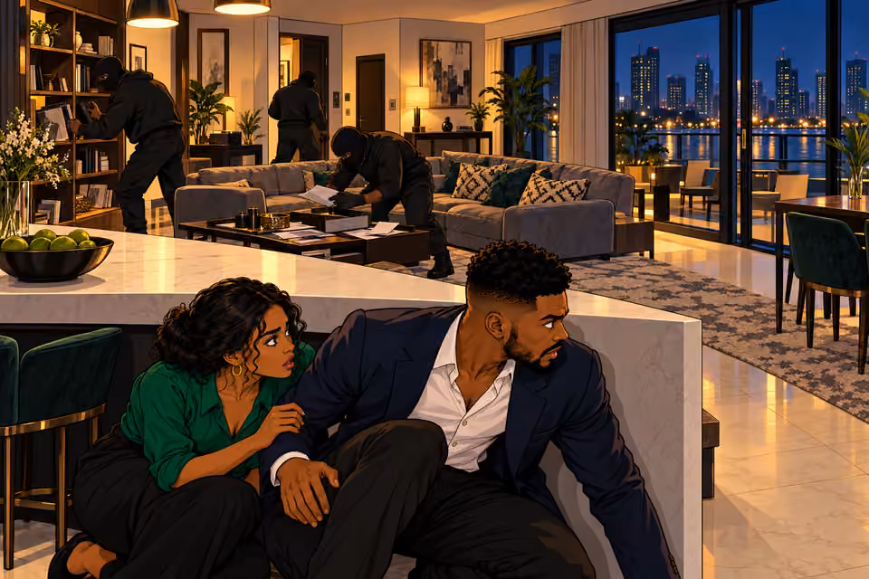 The intruders ransack the apartment while Naibi searches for an escape.