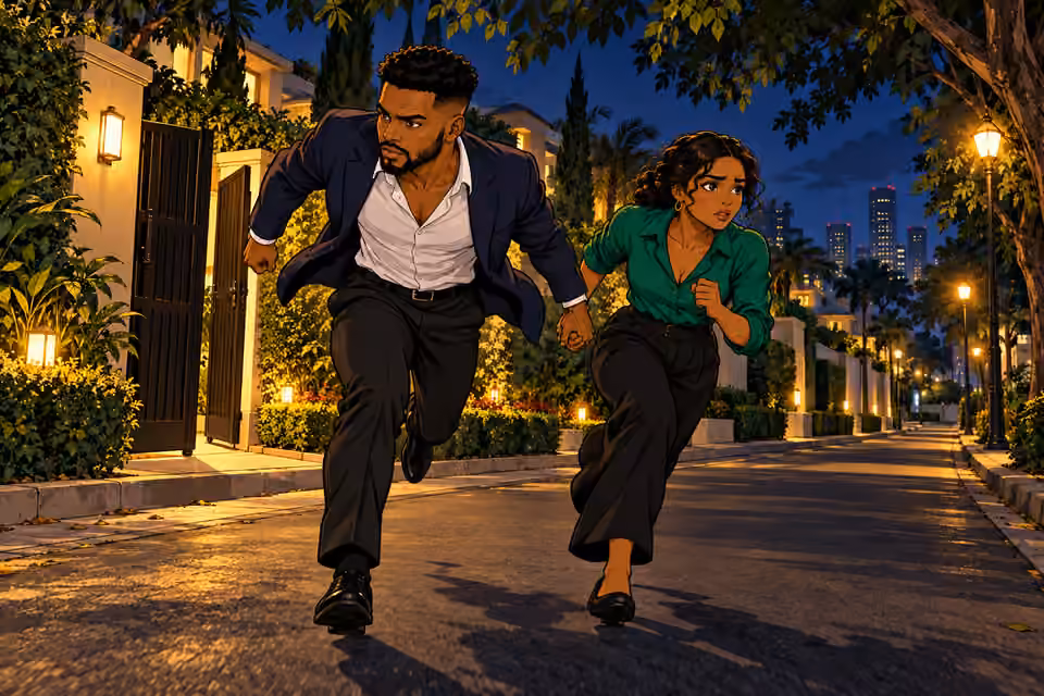 Naibi and Amara flee through the garden and quiet streets.