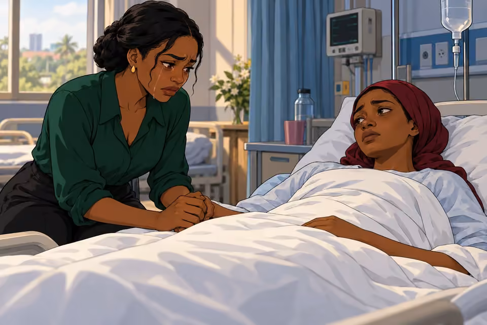 Amara comforts Amina at her hospital bedside.