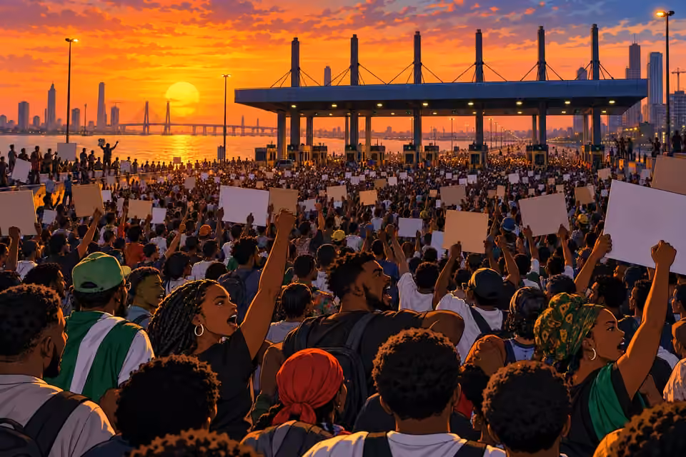A vast crowd gathers at Lekki Toll Gate beneath the sunset.